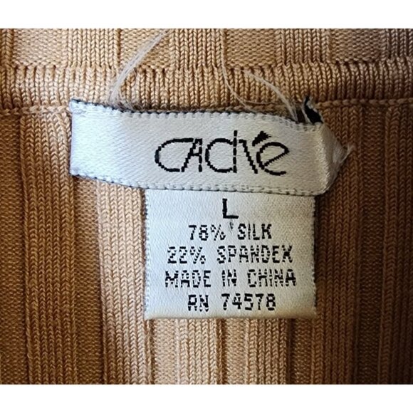 Vtg Y2K Cache Women's L Long Sleeve Zip Up Ribbed Stretch Top Rhinestones Beige - Picture 9 of 12